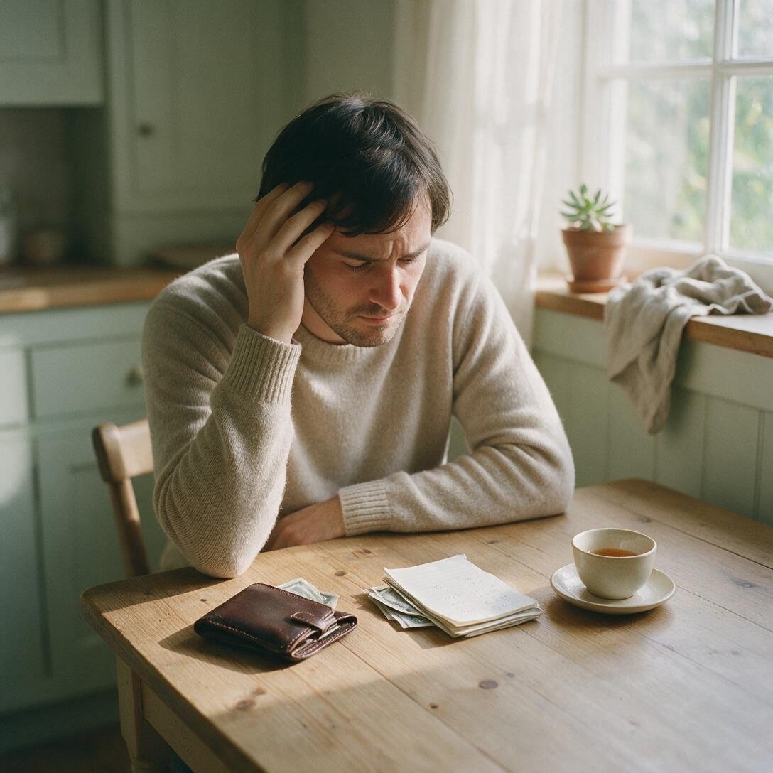 A quiet moment of money worry at the kitchen table